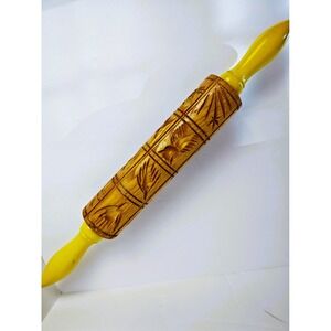 Vintage Hand Carved Wooden Springerle Rolling Pin Floral Wheat Yellow Handles